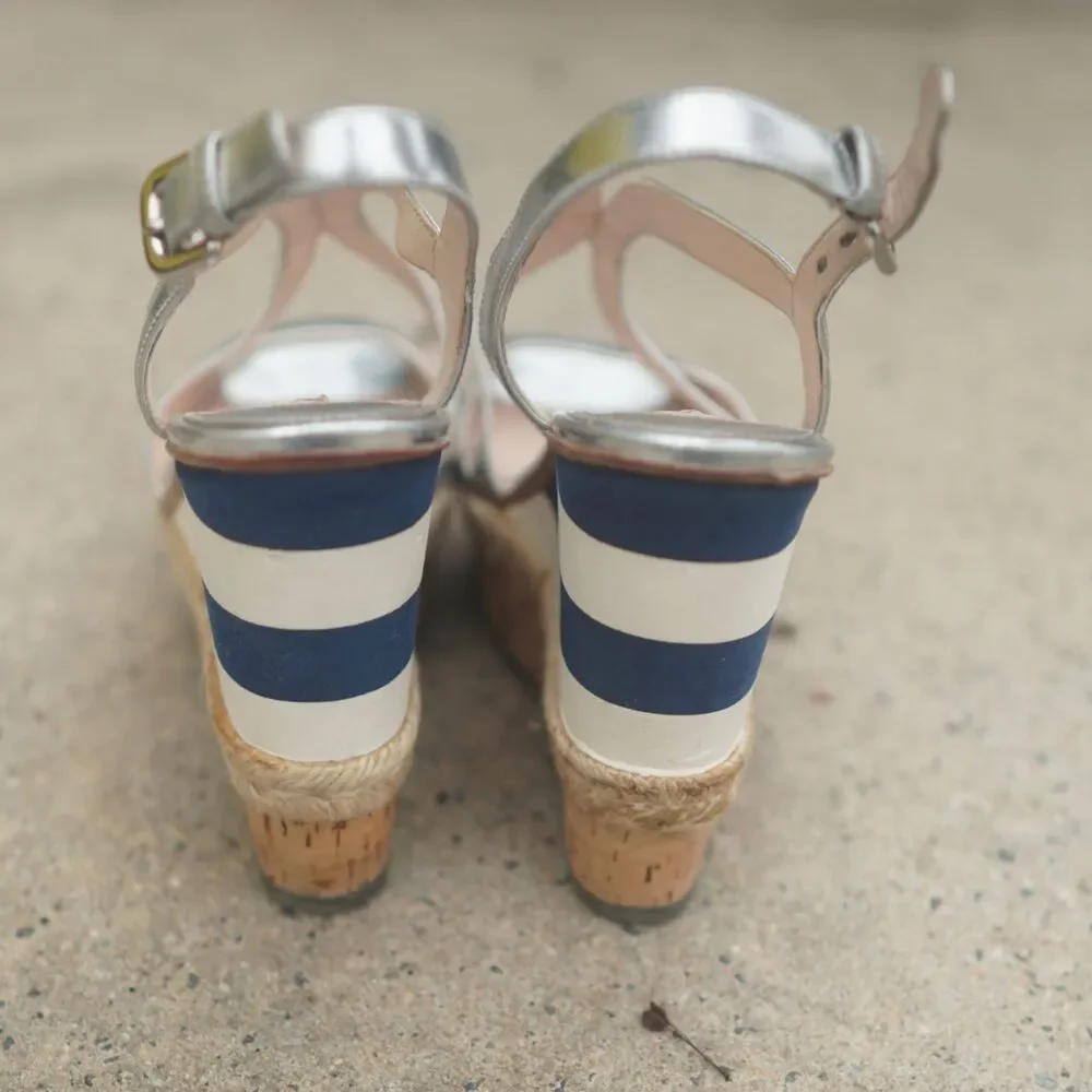 Prada Metallic Silver Leather Strappy Platform Wedge Sandals 40.5 US 10.5 Stripe